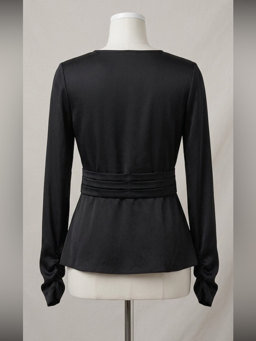 LEON MAX Silk Black Ruched Peplum Blouse - Picture 6 of 6